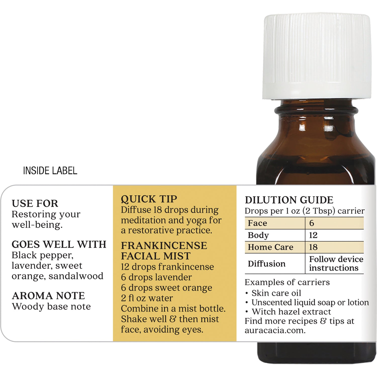 ARC033 | back label showing dilution guide, usage tips, and frankincense facial mist recipe on amber bottle