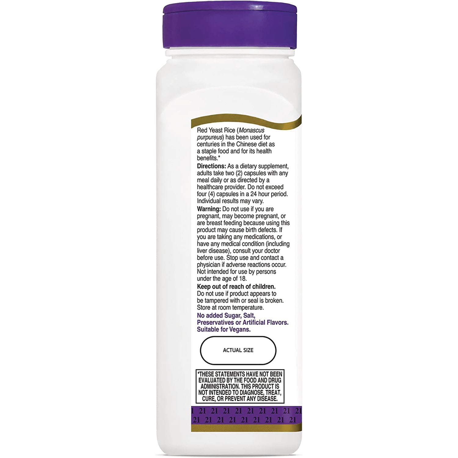 CNT139 | Back label of white supplement bottle showing directions, warnings, ingredient notes, and actual size indicator