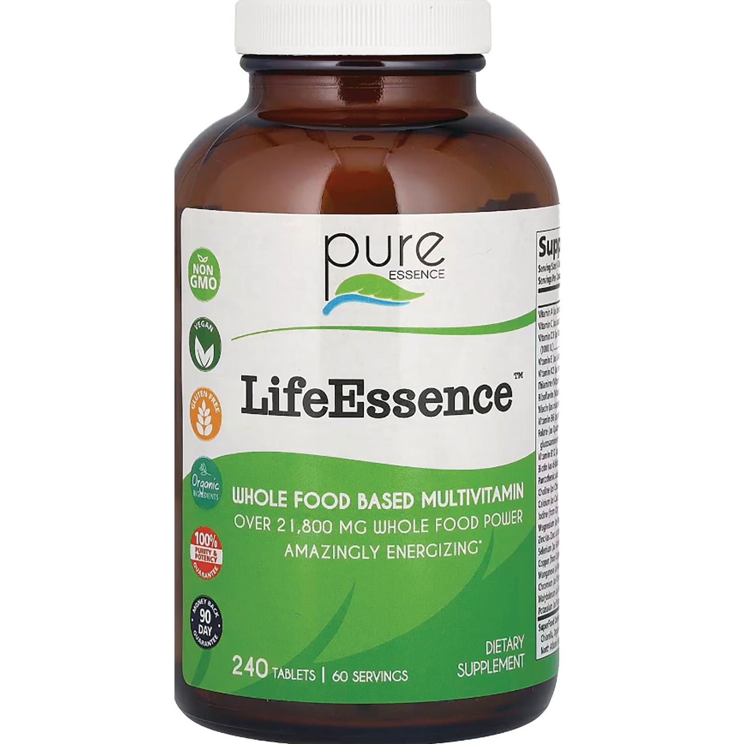 PEL049 | Brown bottle of LifeEssence whole food based multivitamin, 240 tablets, 60 servings