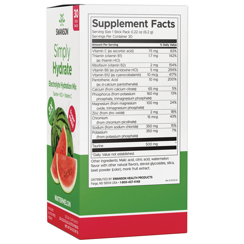 SW1926 | Watermelon single-serve electrolyte hydration stick pack labeled Simply Hydrate, sugar free, non-GMO - Thumbnail