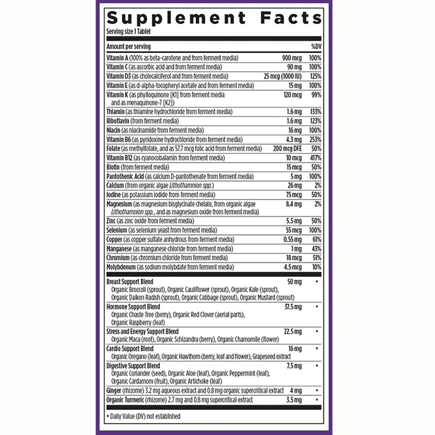 NWC225 | Supplement Facts panel showing serving size, vitamins, minerals, and herbal blend ingredients