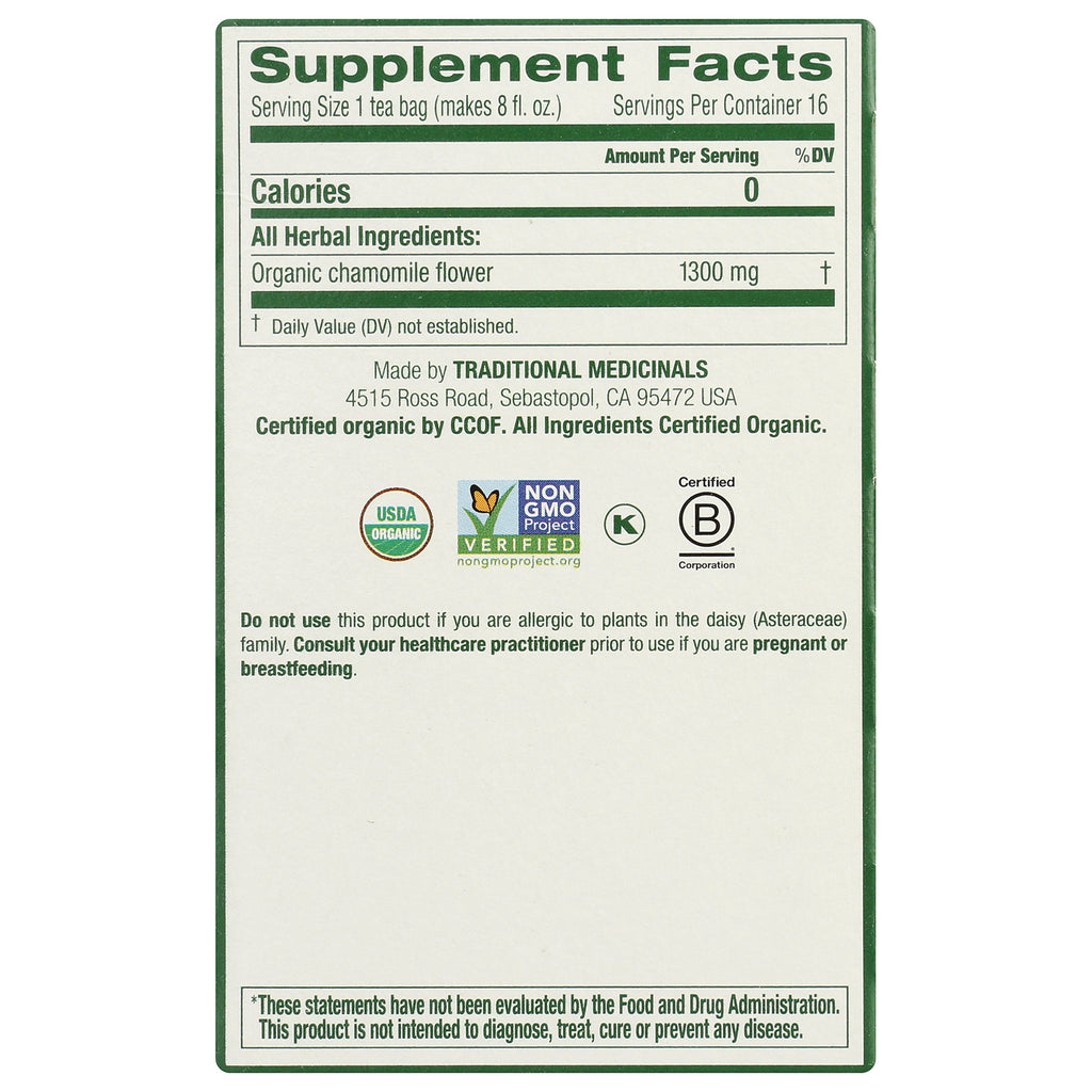 TMD011 | Back panel with Supplement Facts: organic chamomile flower 1300 mg; USDA Organic, Non-GMO, Kosher, B Corp - Thumbnail