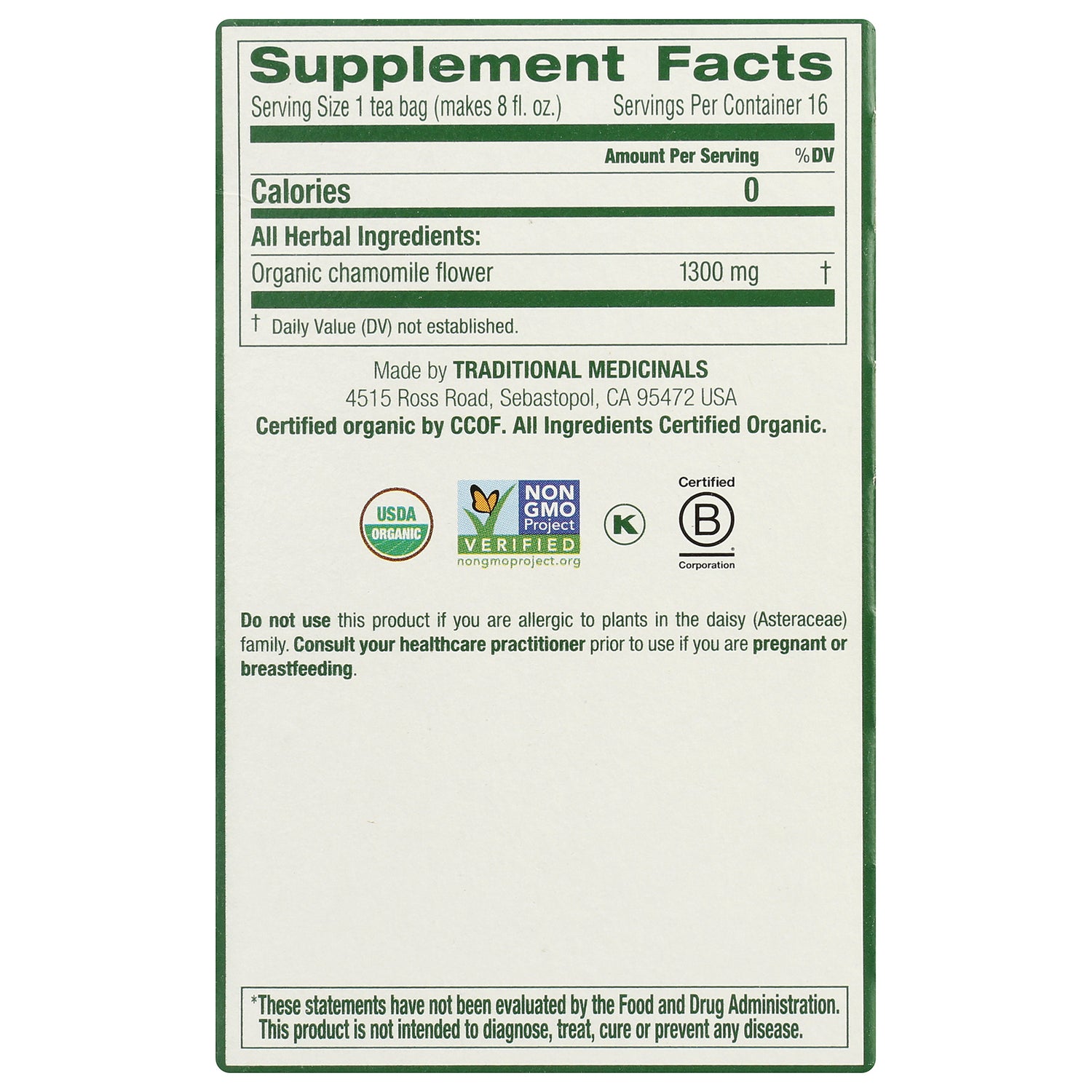 TMD011 | Back panel with Supplement Facts: organic chamomile flower 1300 mg; USDA Organic, Non-GMO, Kosher, B Corp