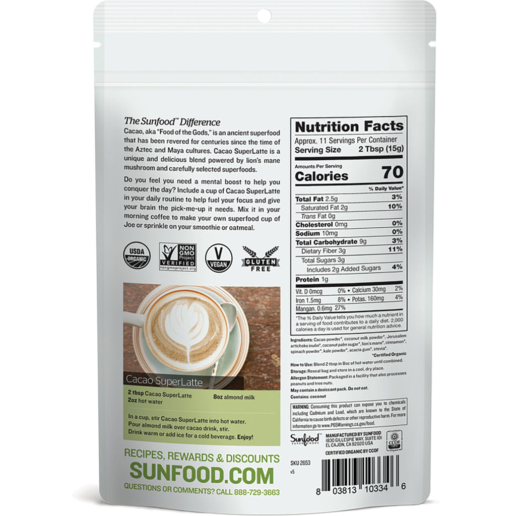 SNF026 | Back of Sunfood Cacao SuperLatte pouch showing Nutrition Facts, USDA Organic, Non-GMO, Vegan, Gluten Free, and recipe - Thumbnail