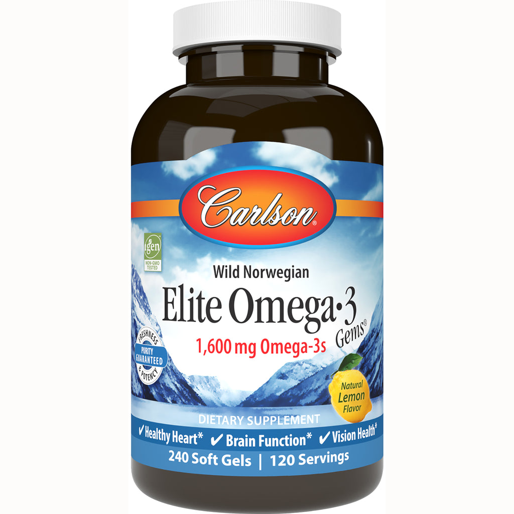 CSN222 | Front bottle view of Carlson Elite Omega-3 dietary supplement label reading 1,600 mg Omega-3s Natural Lemon Flavor 240 soft gels - Thumbnail