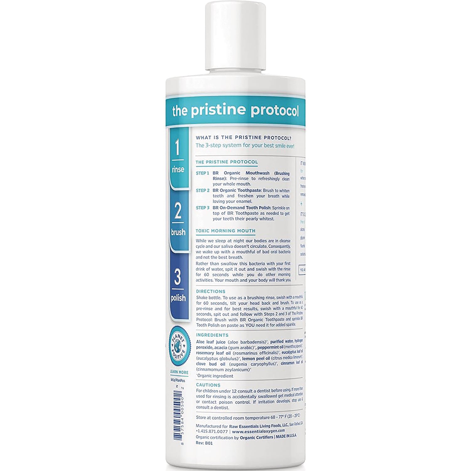 EOX006 | Back label of white bottle reading the pristine protocol with 1 rinse 2 brush 3 polish steps, directions and ingredients