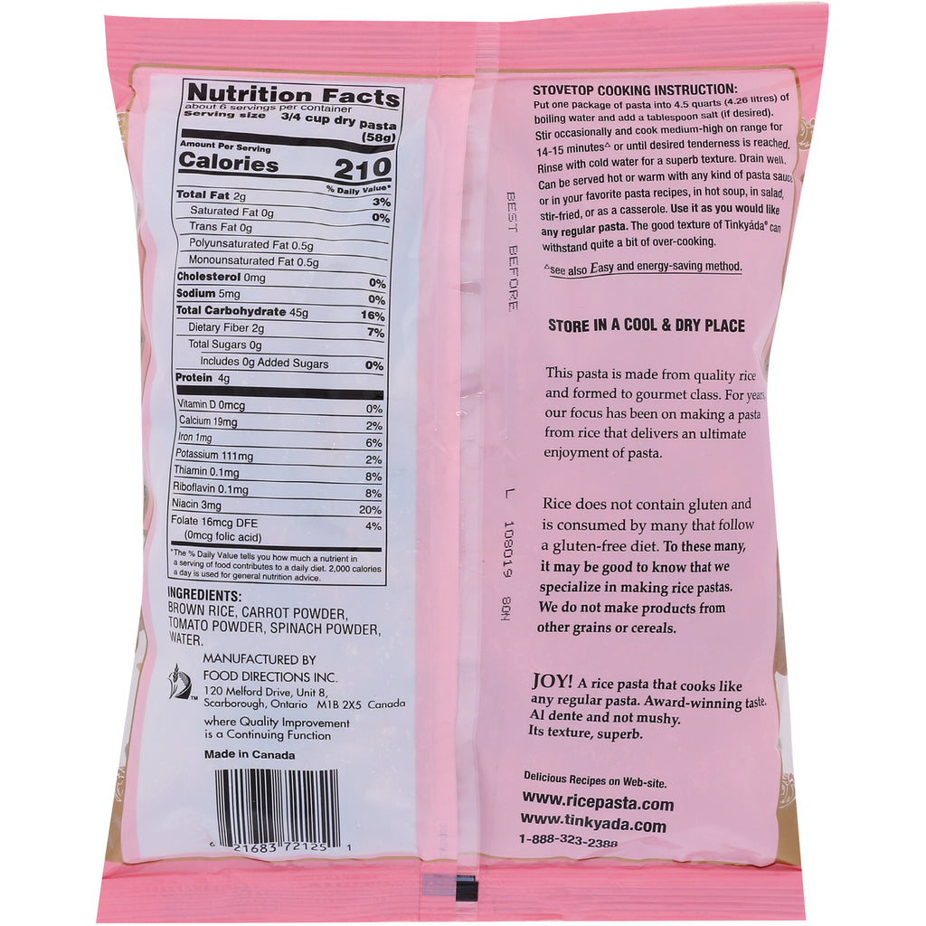 TKY012 | Nutrition Facts, ingredients, and cooking instructions on pink gluten-free rice pasta package back - Thumbnail