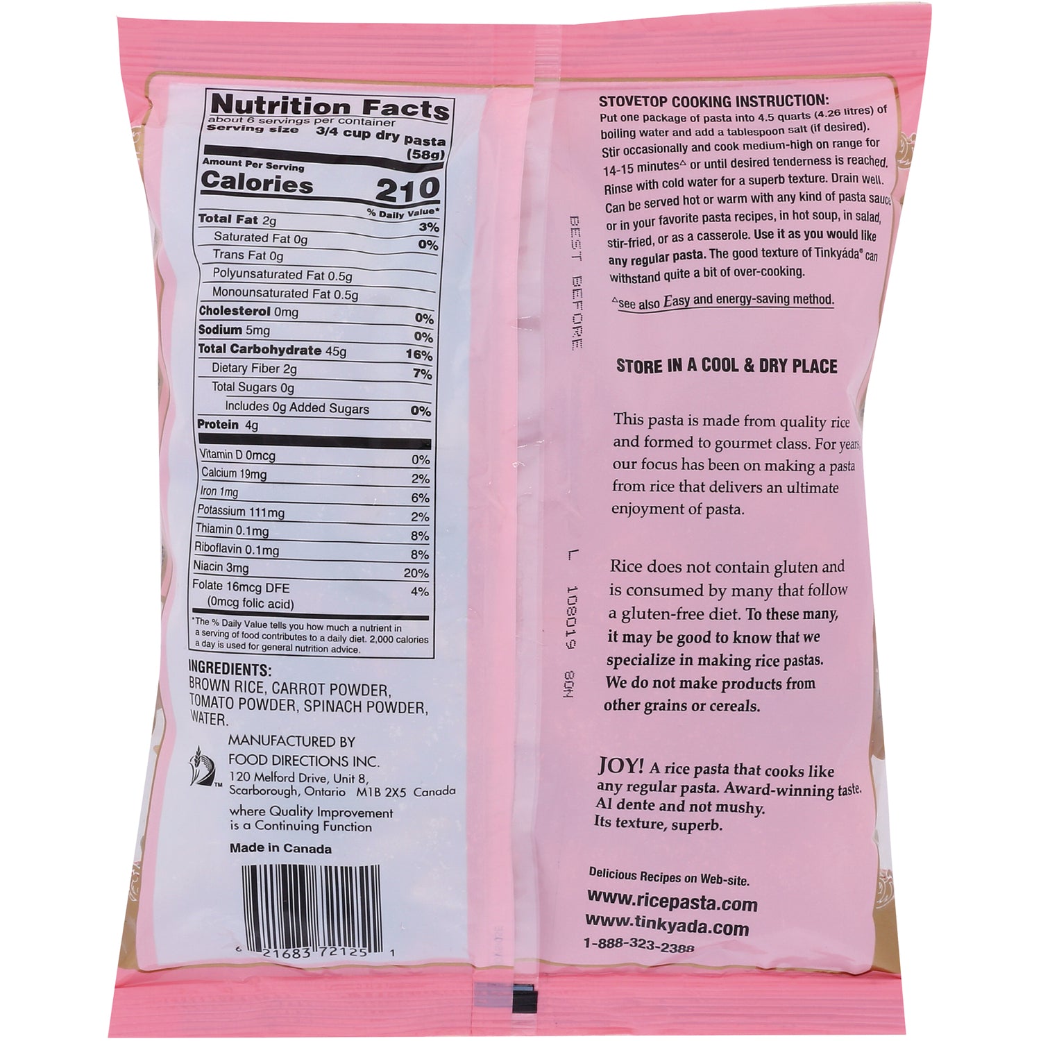 TKY012 | Nutrition Facts, ingredients, and cooking instructions on pink gluten-free rice pasta package back