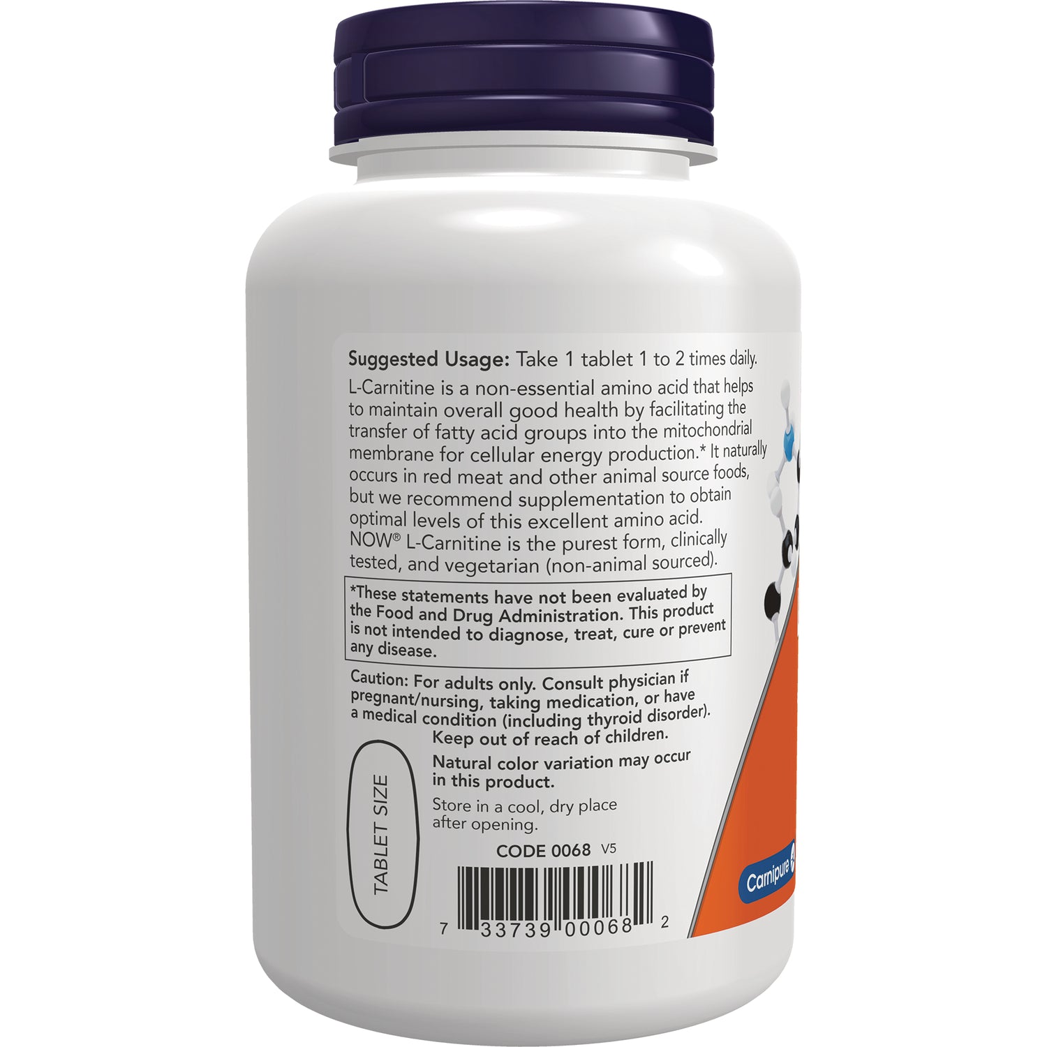 NWF1053 | back label of white supplement bottle showing suggested usage, caution text and barcode
