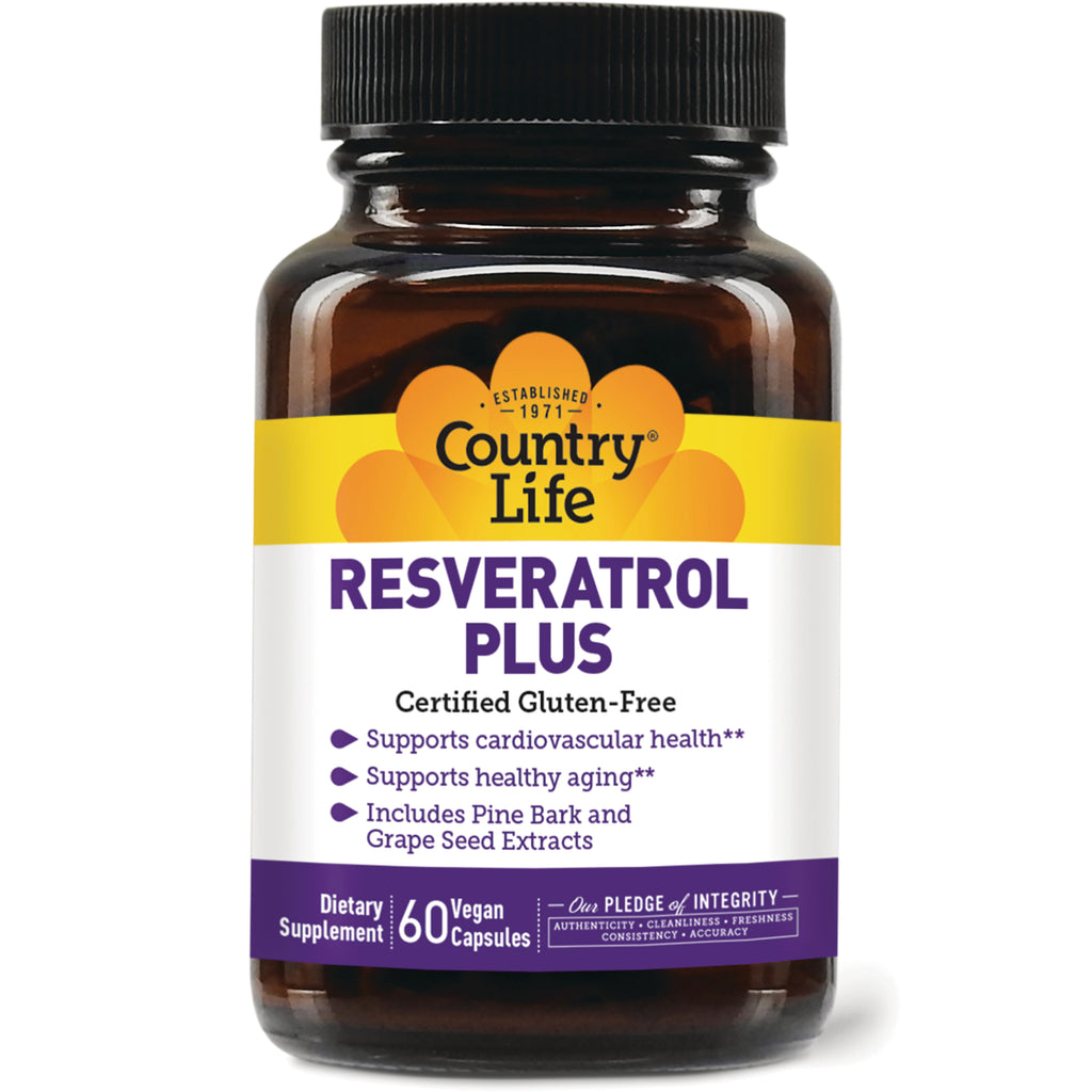 CRL306 | Country Life Resveratrol Plus bottle front label showing 60 vegan capsules dietary supplement - Thumbnail