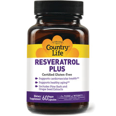 CRL306 | Country Life Resveratrol Plus bottle front label showing 60 vegan capsules dietary supplement