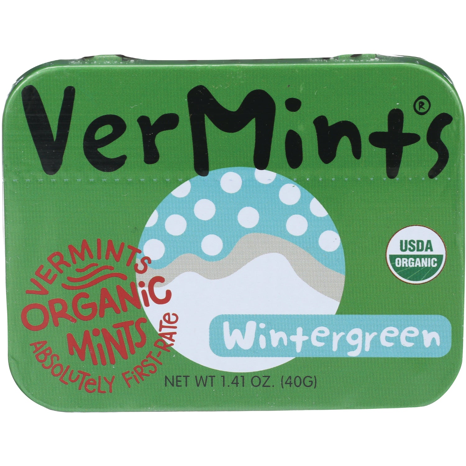 VER004 | VerMints Organic Mints Wintergreen tin front, USDA Organic, net wt 1.41 oz (40 g)