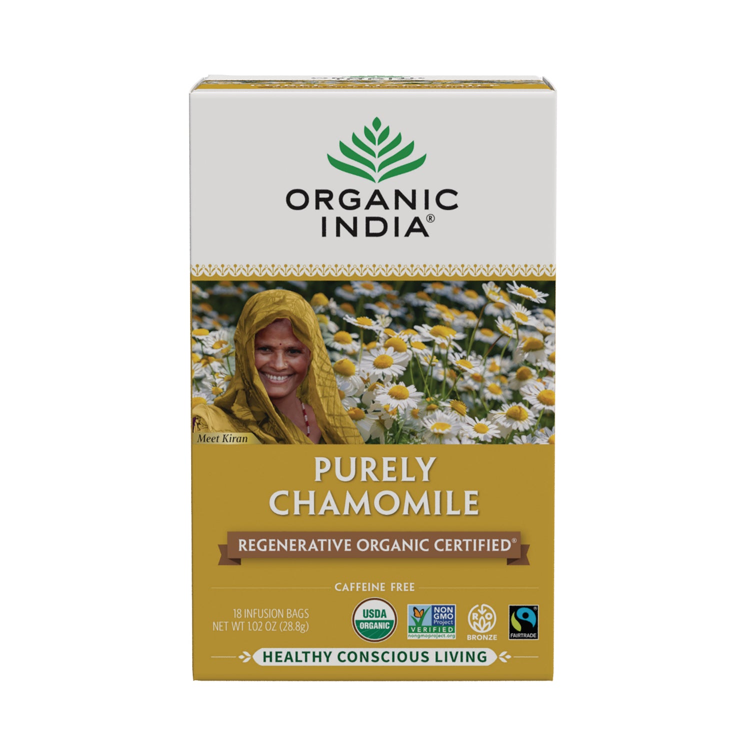 RGN104 | Organic India Purely Chamomile tea box front showing branding, chamomile flowers, and certification logos