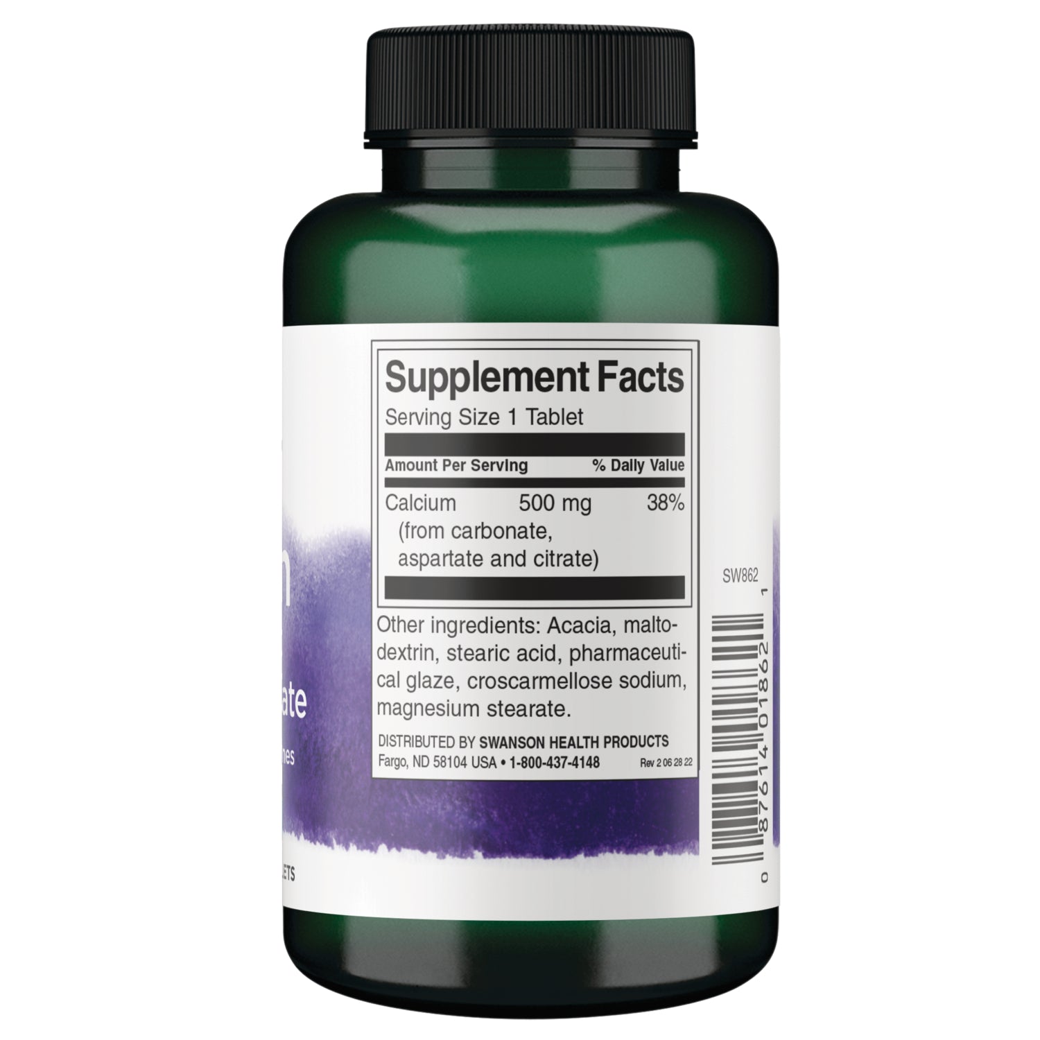 SW862 | Back label with Supplement Facts panel showing Calcium 500 mg (38% DV) and ingredients list