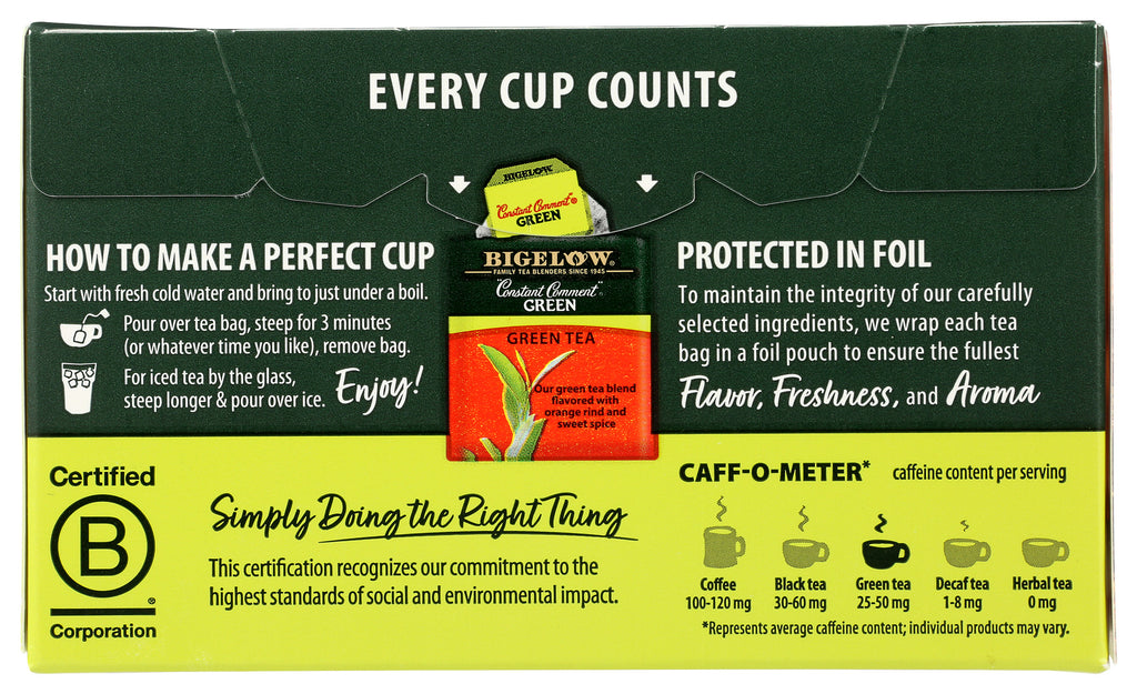 BGT011 | Back of Bigelow green tea box with brewing instructions, Every Cup Counts header, certification badge and caff-o-meter - Thumbnail