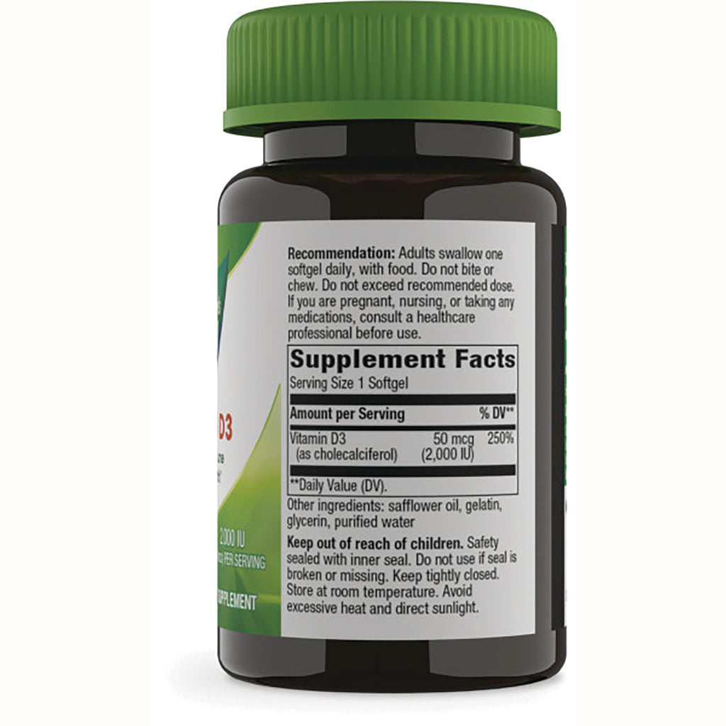 NW786 | Back of brown supplement bottle showing Supplement Facts panel and usage directions, Vitamin D3 50 mcg per softgel - Thumbnail