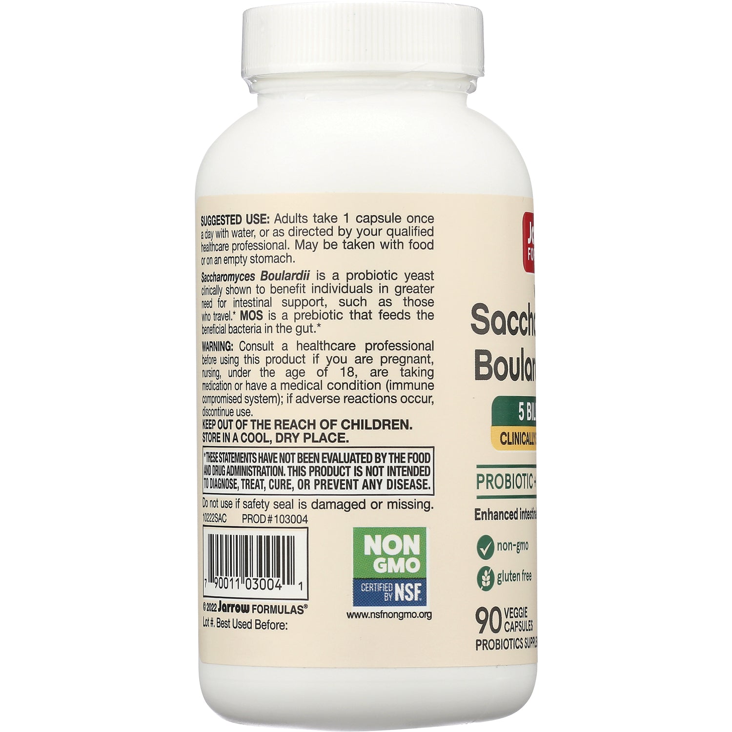 JR095 | Back of white supplement bottle showing suggested use, warnings, barcode and Non GMO NSF label