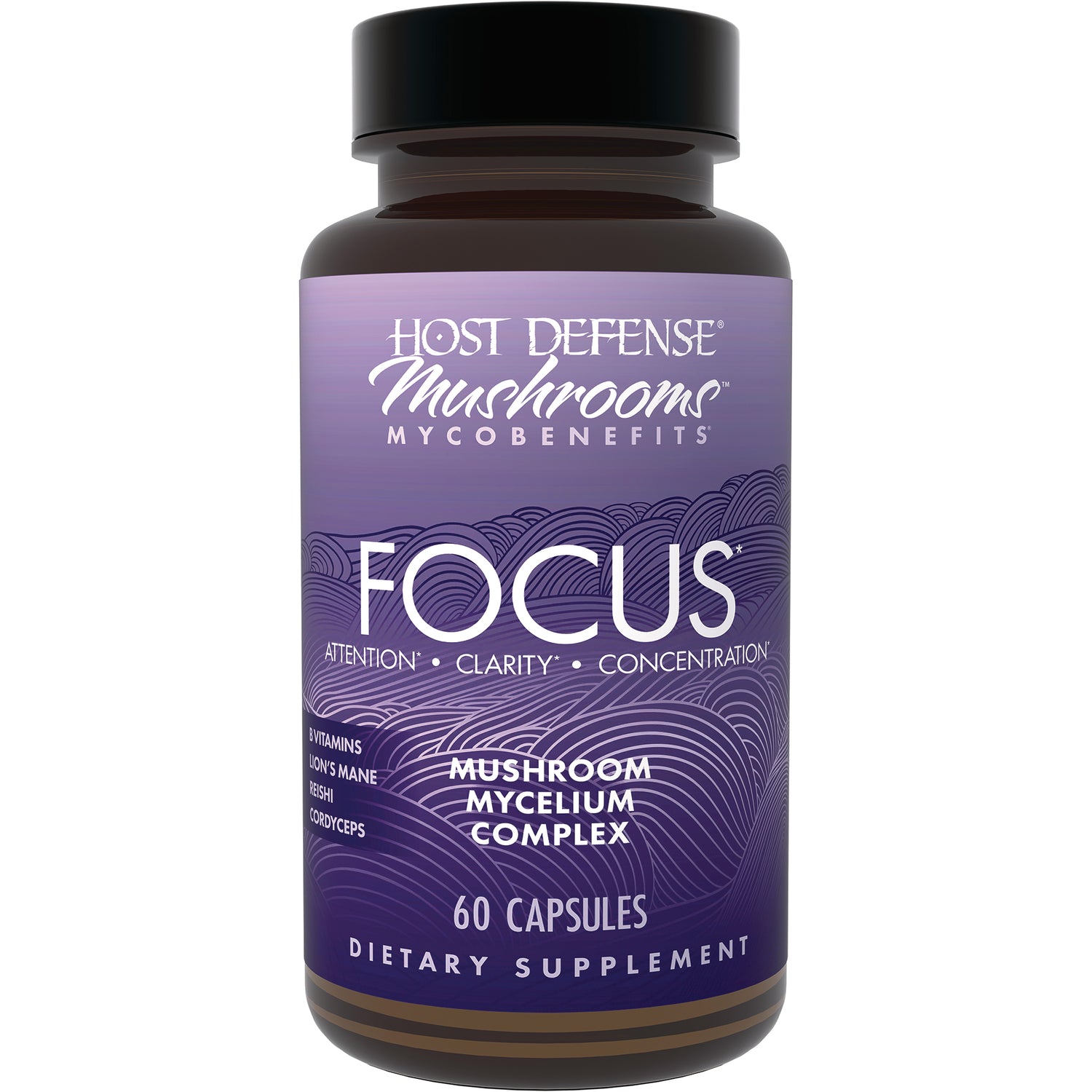 FUN056 | Host Defense Mushrooms Focus mushroom mycelium complex bottle with purple label, 60 capsules