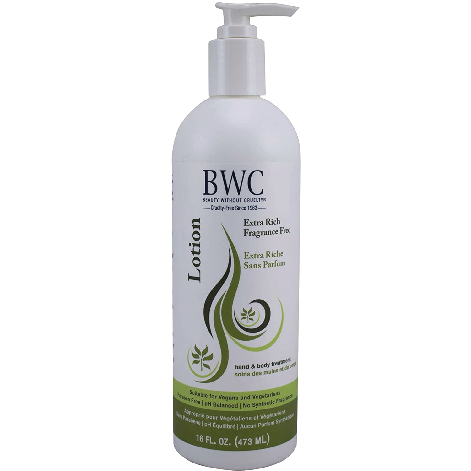 BWC112 | white pump bottle of BWC lotion labeled Extra Rich Fragrance Free 16 FL (473 mL)