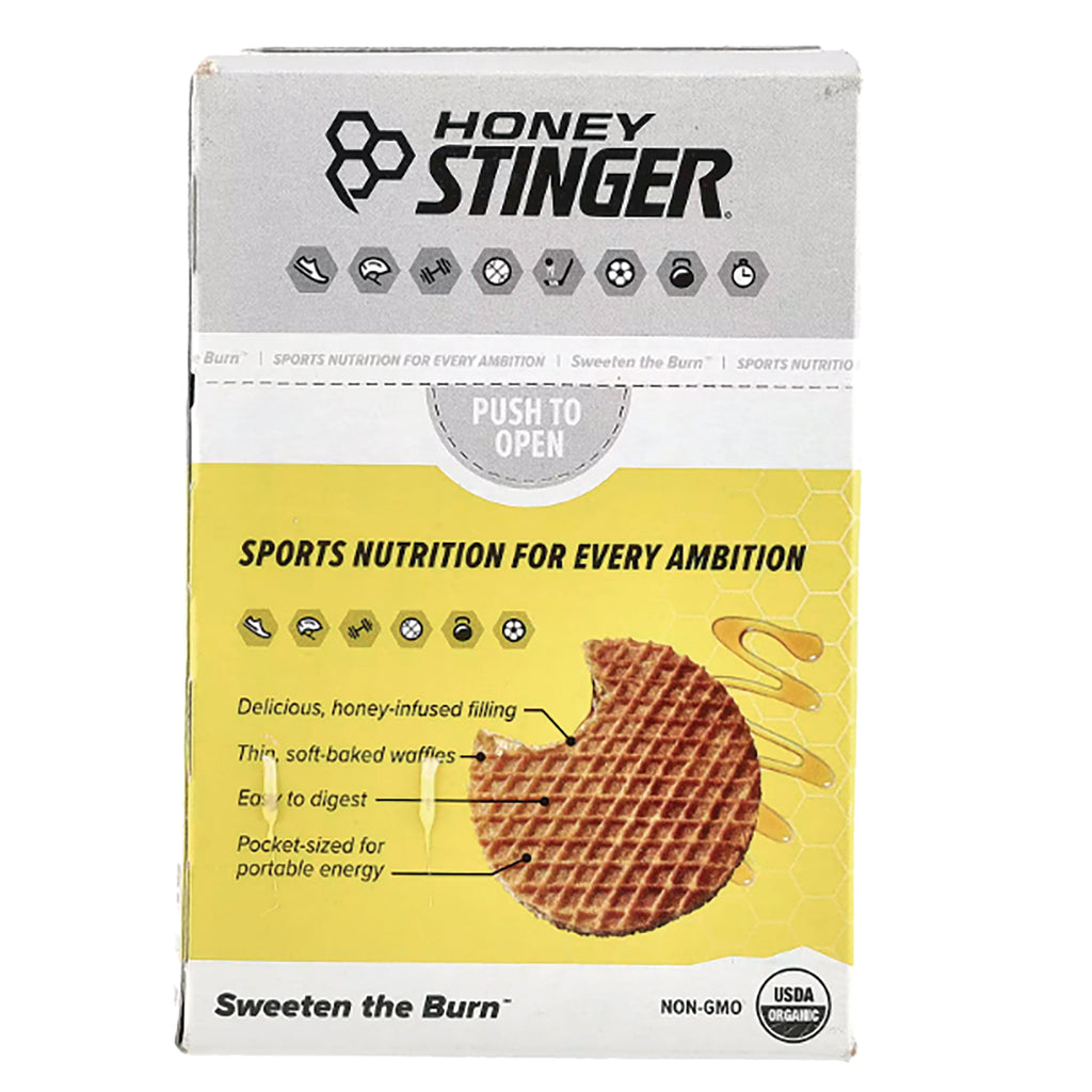 HST067 | Back of Honey Stinger box showing PUSH TO OPEN, sports nutrition claims, benefit callouts and waffle illustration - Thumbnail
