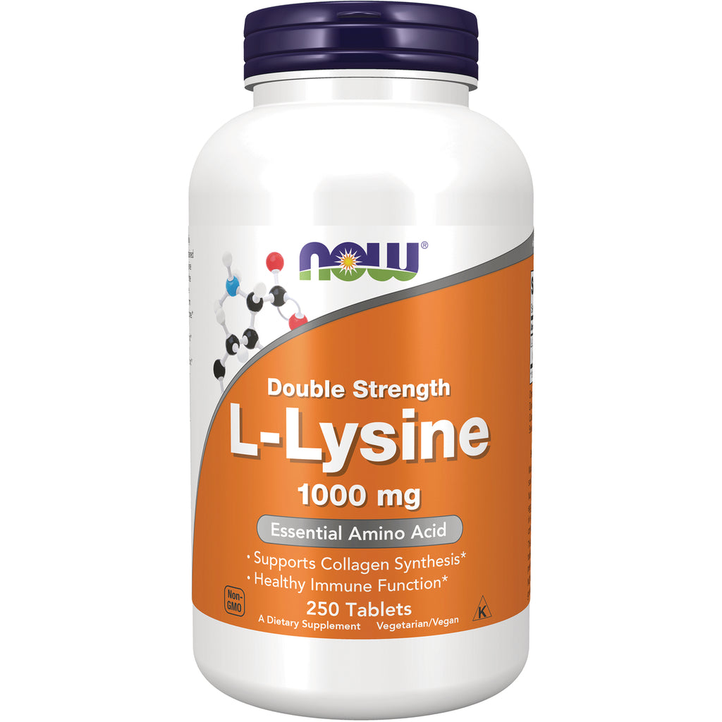 NWF1448 | NOW L-Lysine 1000 mg double strength supplement bottle, orange label, 250 tablets - Thumbnail