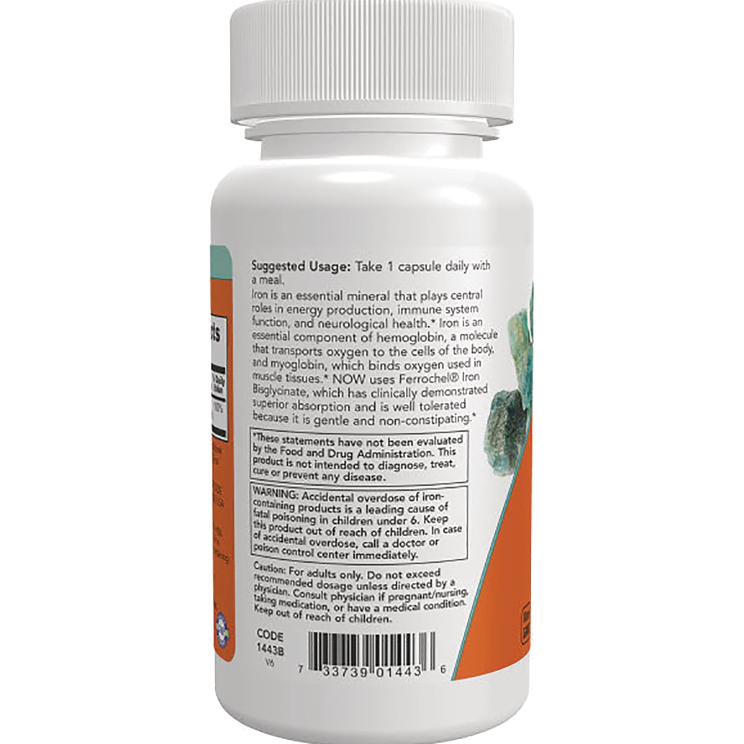 NWF758 | Back of white supplement bottle showing suggested usage, warnings and barcode