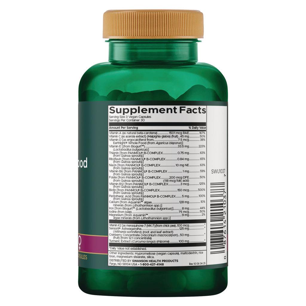 SWU1037 | Supplement Facts panel showing serving size 3 vegan capsules and vitamins, minerals, and botanicals - Thumbnail