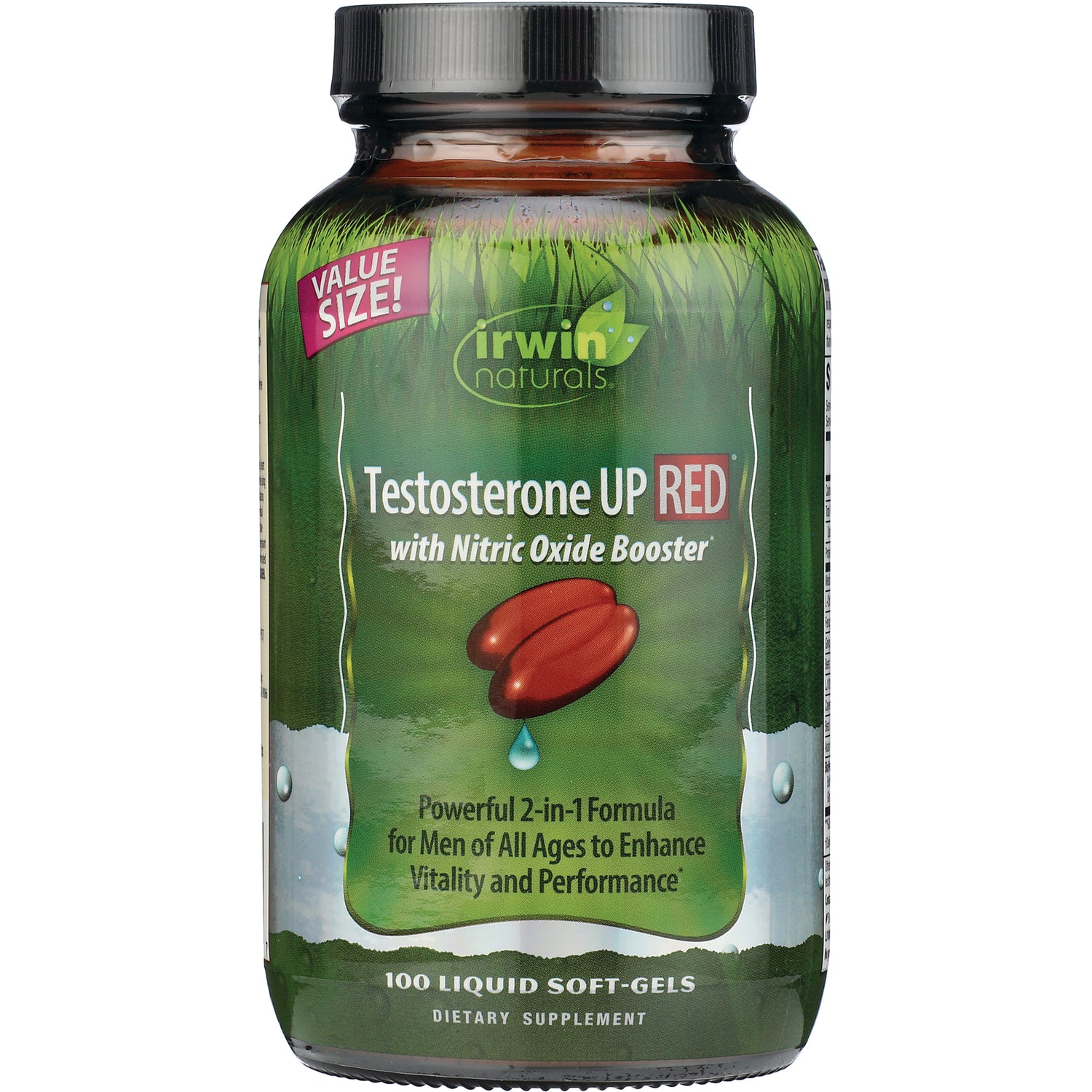 IR265 | Irwin Naturals Testosterone UP RED bottle front, label shows Testosterone UP RED with Nitric Oxide Booster, 100 liquid soft-gels