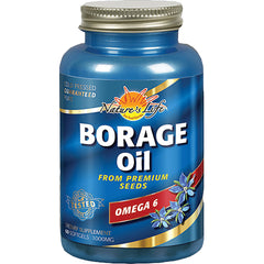 HS028 | Blue bottle of Nature's Life Borage Oil supplement labeled OMEGA 6, 60 softgels 1000MG