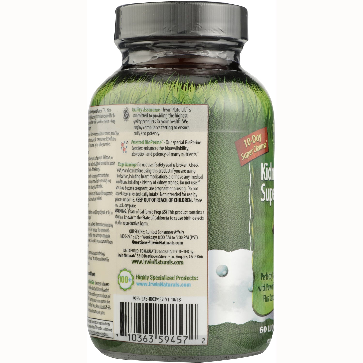 IR152 | Back label showing usage warnings, barcode, and 10-Day Super Cleanse badge on dietary supplement bottle