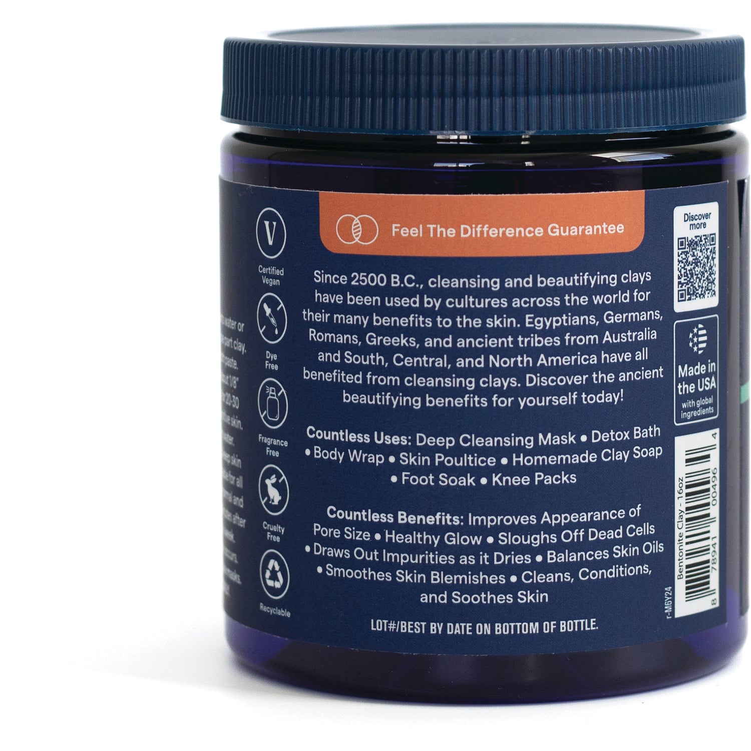 TM087 | Back label of clay jar with 'Feel The Difference Guarantee' and icons for Vegan, Dye Free, Fragrance Free, Cruelty Free