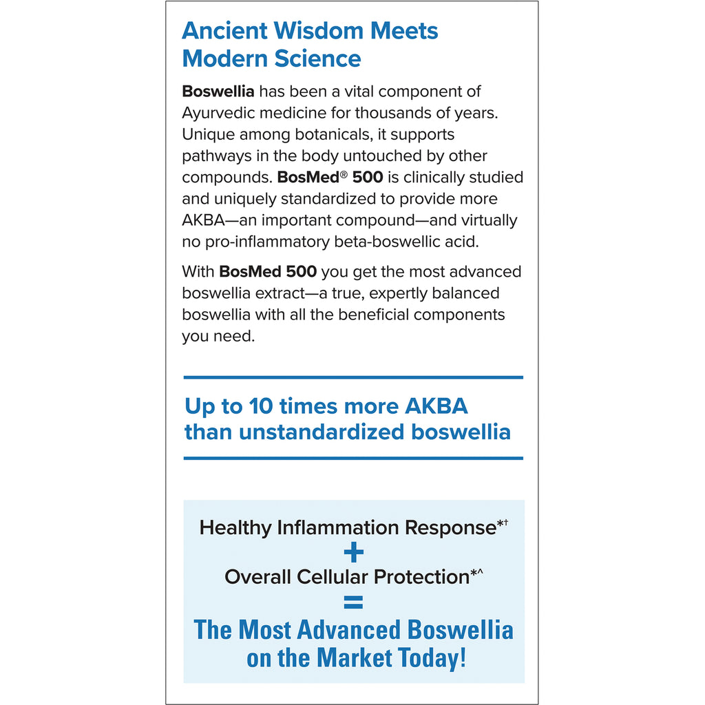 EUR031 | Product infographic for BosMed 500 claiming up to 10 times more AKBA and benefits for inflammation and cellular protection - Thumbnail