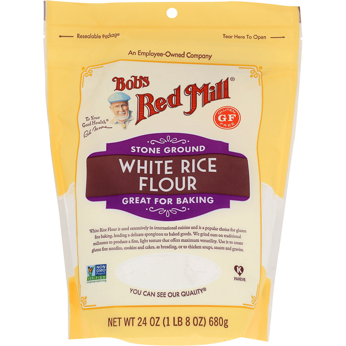 BOB334 | Bob's Red Mill stone ground white rice flour pouch labeled WHITE RICE FLOUR, 24 oz front packaging
