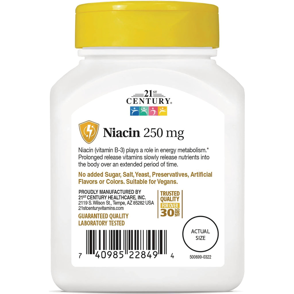 CNT108 | Product infographic label for Niacin 250 mg supplement showing benefits, vegan claim, barcode and actual size marker - Thumbnail
