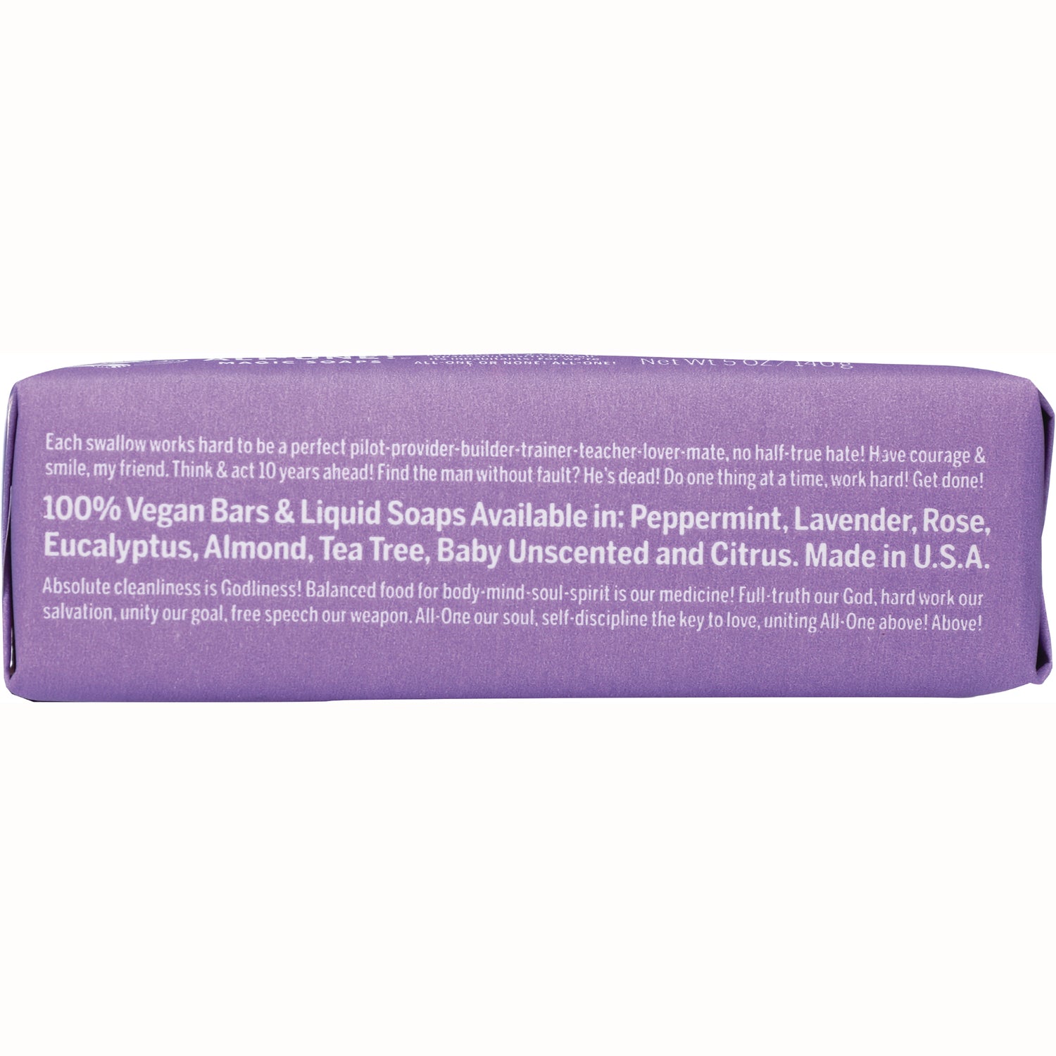 DRB003 | Back of purple soap wrapper showing text listing 100% vegan bars and available scents