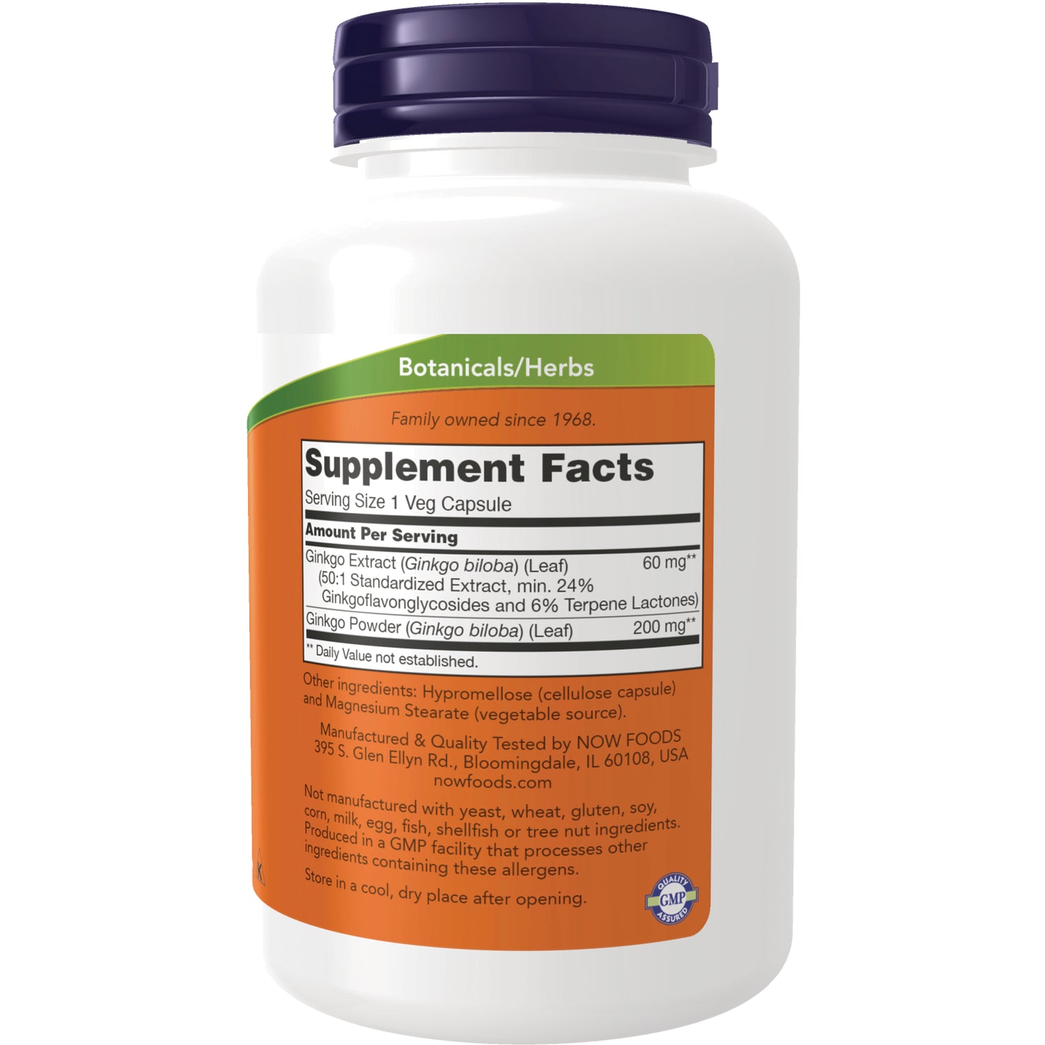 NWF607 | Back of white supplement bottle showing Supplement Facts panel and ingredient information for ginkgo extract