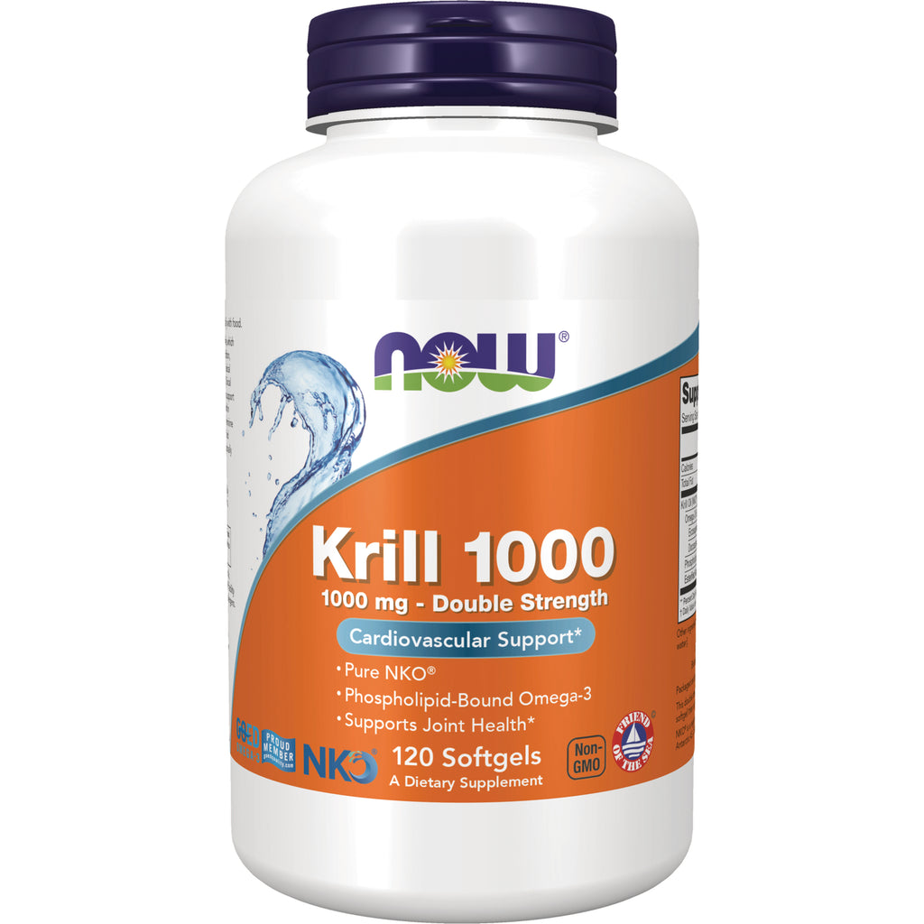 NWF1296 | NOW Krill 1000 1000 mg double strength 120 softgels bottle front label, cardiovascular support - Thumbnail