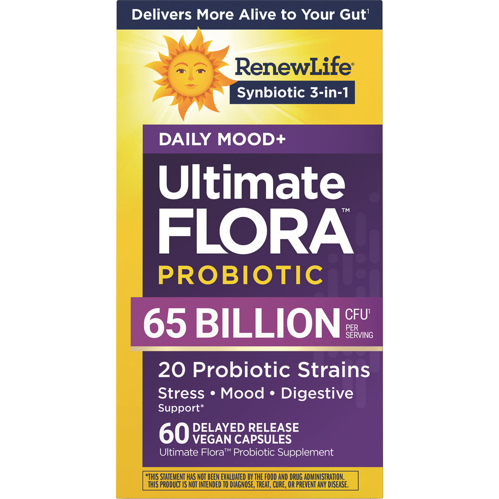 RNL255 | RenewLife Ultimate Flora probiotic box labeled 65 BILLION CFU, 20 probiotic strains, 60 delayed-release vegan capsules - Thumbnail
