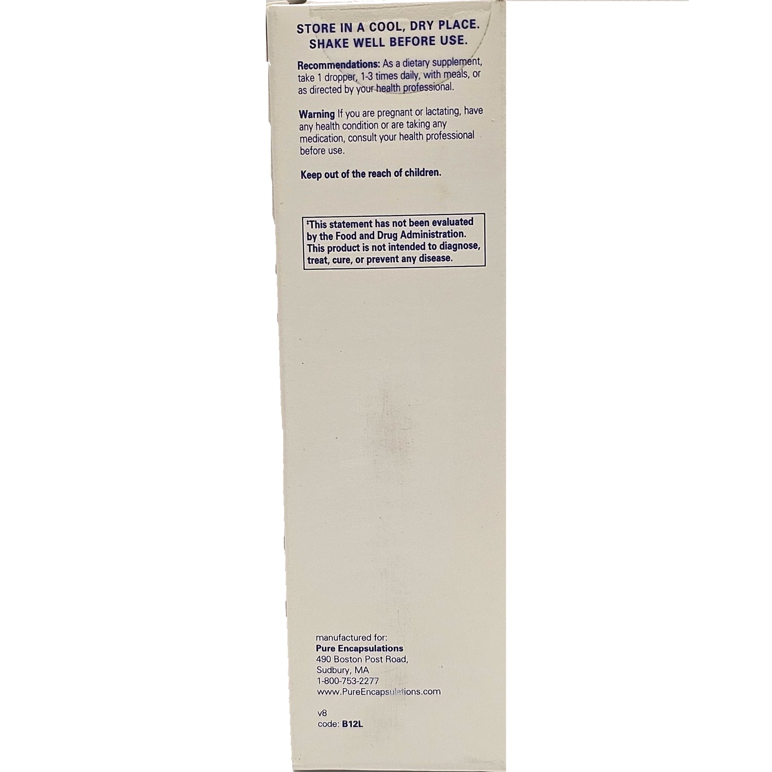 PRN020 | back of white product box showing storage instructions, warning, FDA disclaimer, and manufacturer contact
