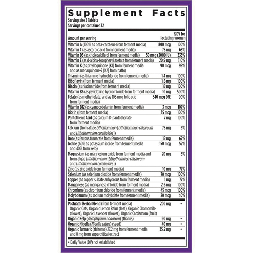 NWC262 | Supplement Facts label listing vitamins, minerals, amounts and a postnatal herbal blend on back panel - Thumbnail