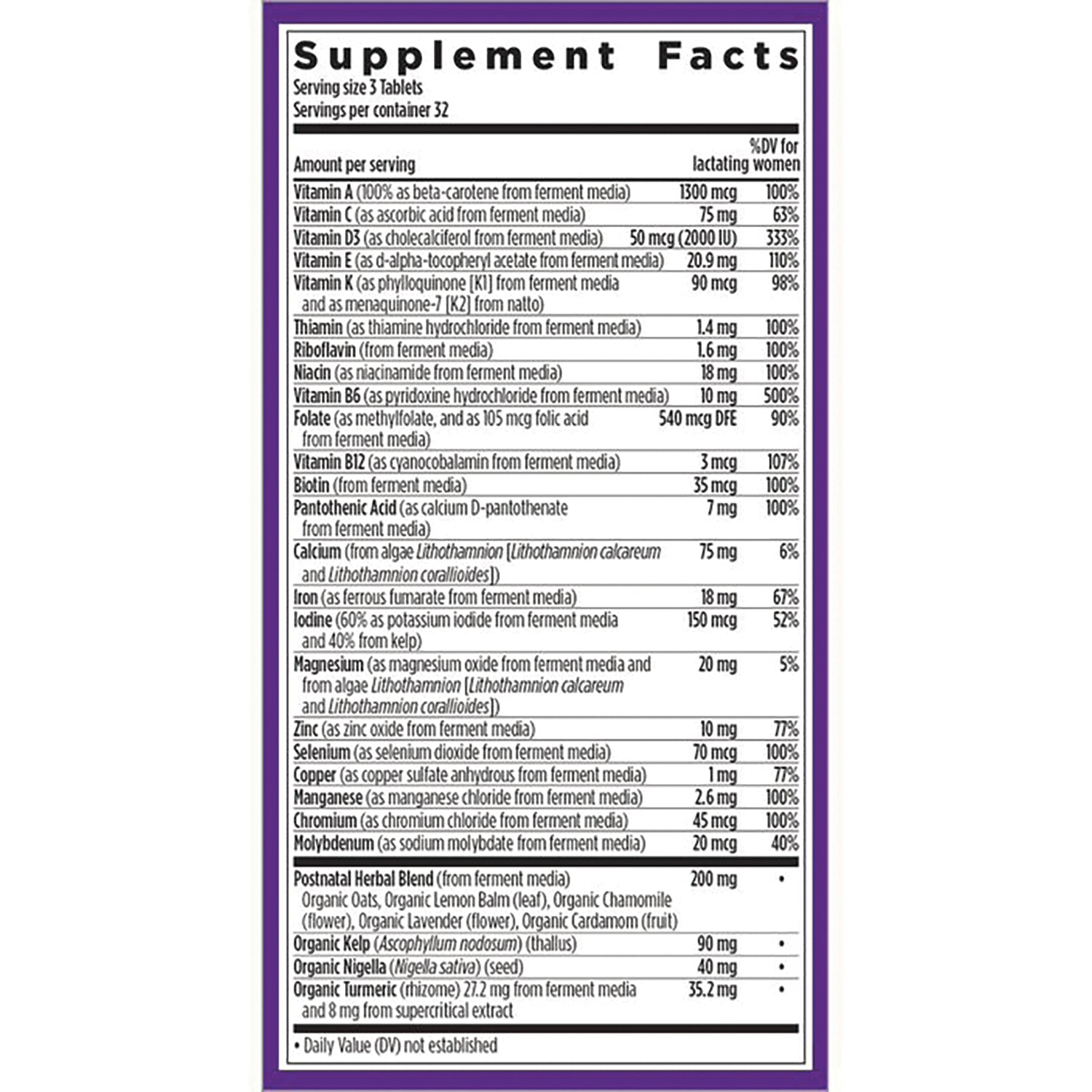 NWC262 | Supplement Facts label listing vitamins, minerals, amounts and a postnatal herbal blend on back panel