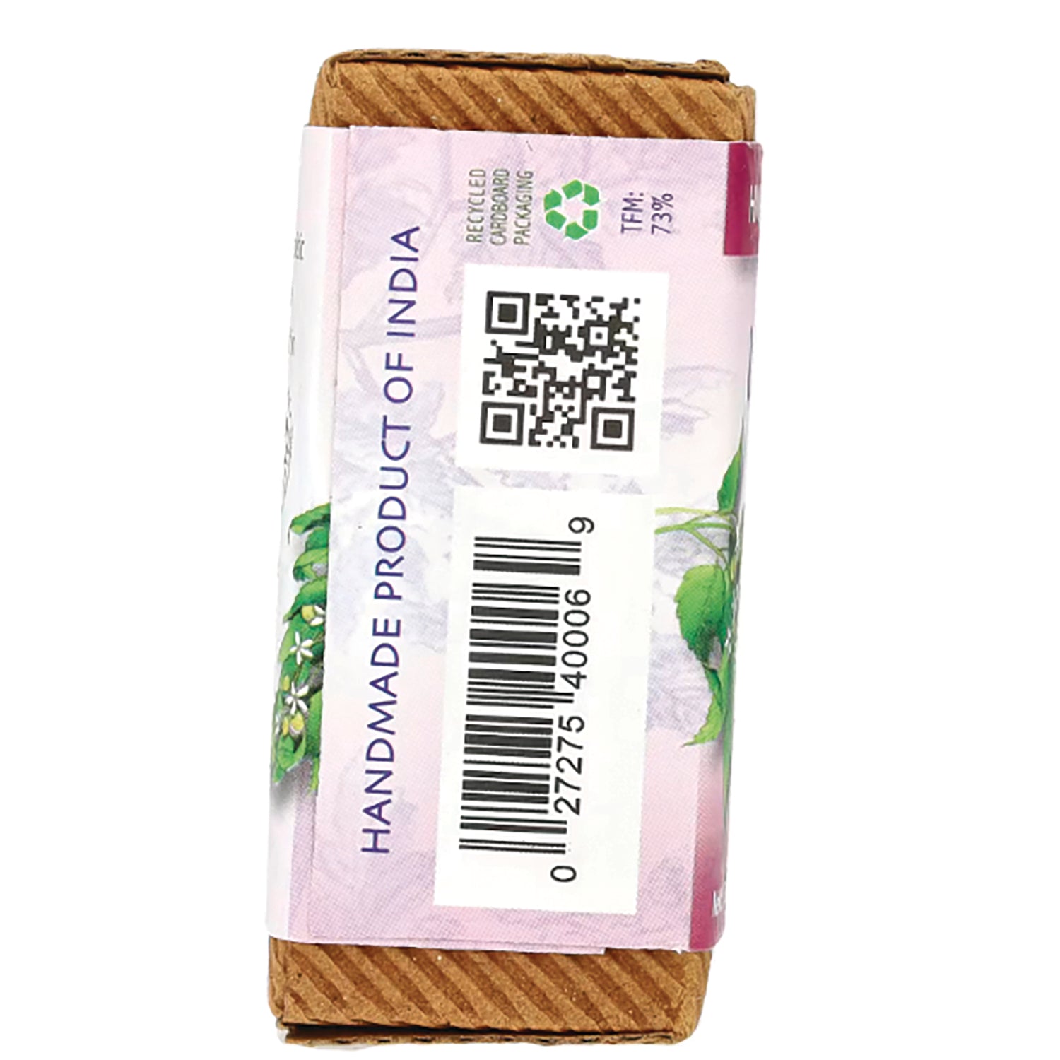 AUR004 | side panel infographic with barcode, QR code, recycled packaging icon and text HANDMADE PRODUCT OF INDIA