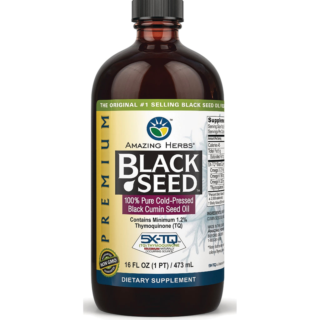 AZH007 | Amazing Herbs Black Seed 100% pure cold-pressed black cumin seed oil 16 fl oz amber bottle with front label - Thumbnail