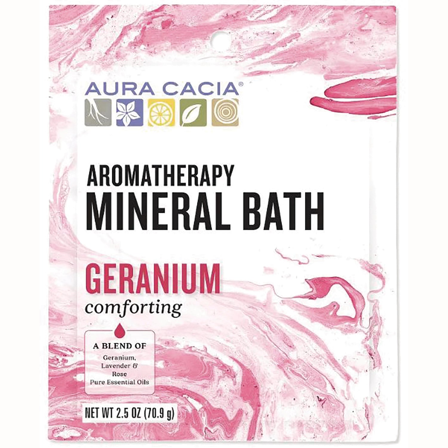 ARC047 | Aura Cacia Aromatherapy Mineral Bath geranium sachet, 2.5 oz