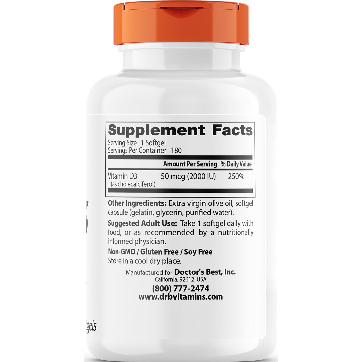 DB148 | back label showing Supplement Facts and Vitamin D3 50 mcg (2000 IU), other ingredients and manufacturer contact
