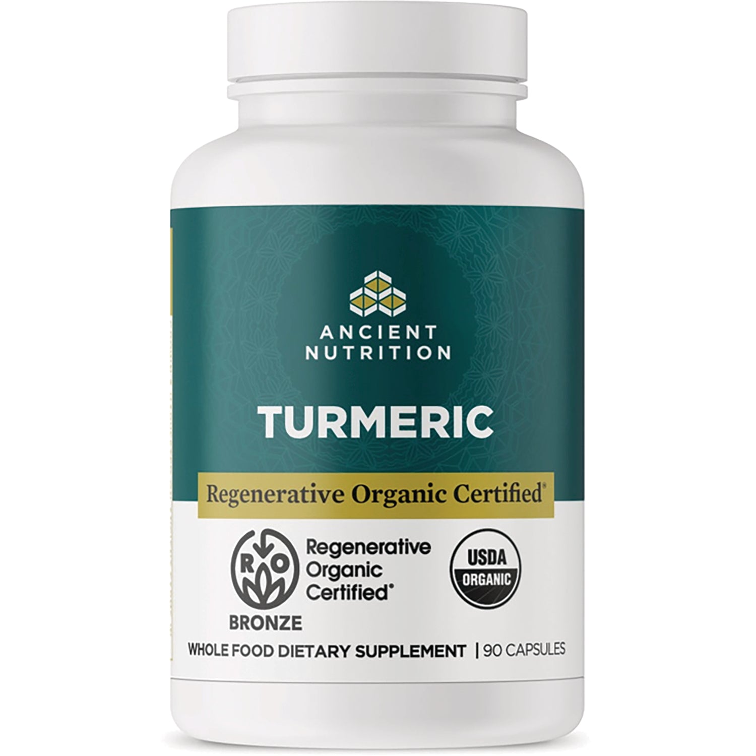 ATN125 | Front-facing bottle of Ancient Nutrition Turmeric supplement labeled Regenerative Organic Certified, 90 capsules
