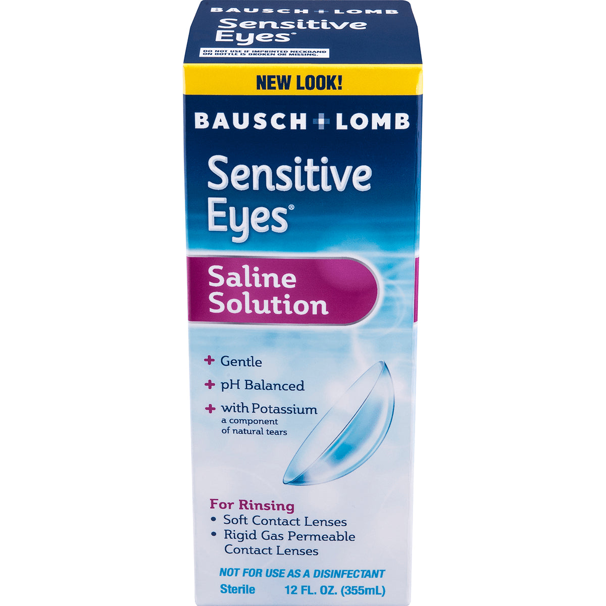 BNL009 | BAUSCH + LOMB Sensitive Eyes saline solution box front showing contact lens graphic and features, 12 FL. OZ (355 mL)