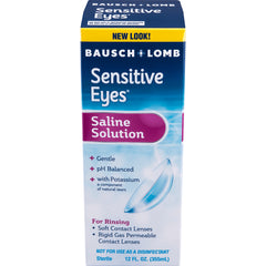 BNL009 | BAUSCH + LOMB Sensitive Eyes saline solution box front showing contact lens graphic and features, 12 FL. OZ (355 mL)