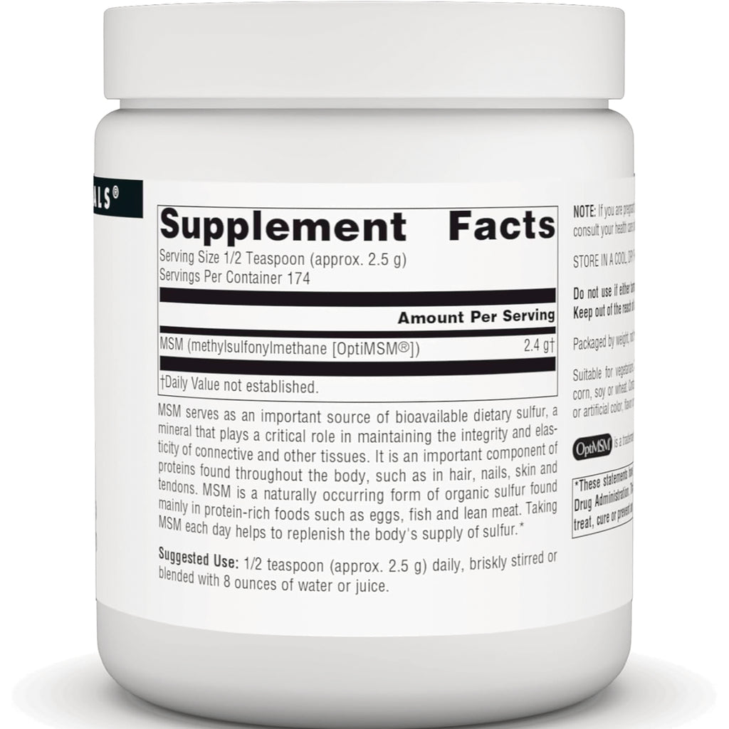 SN125 | back of white supplement jar showing Supplement Facts panel with MSM ingredient and suggested use - Thumbnail