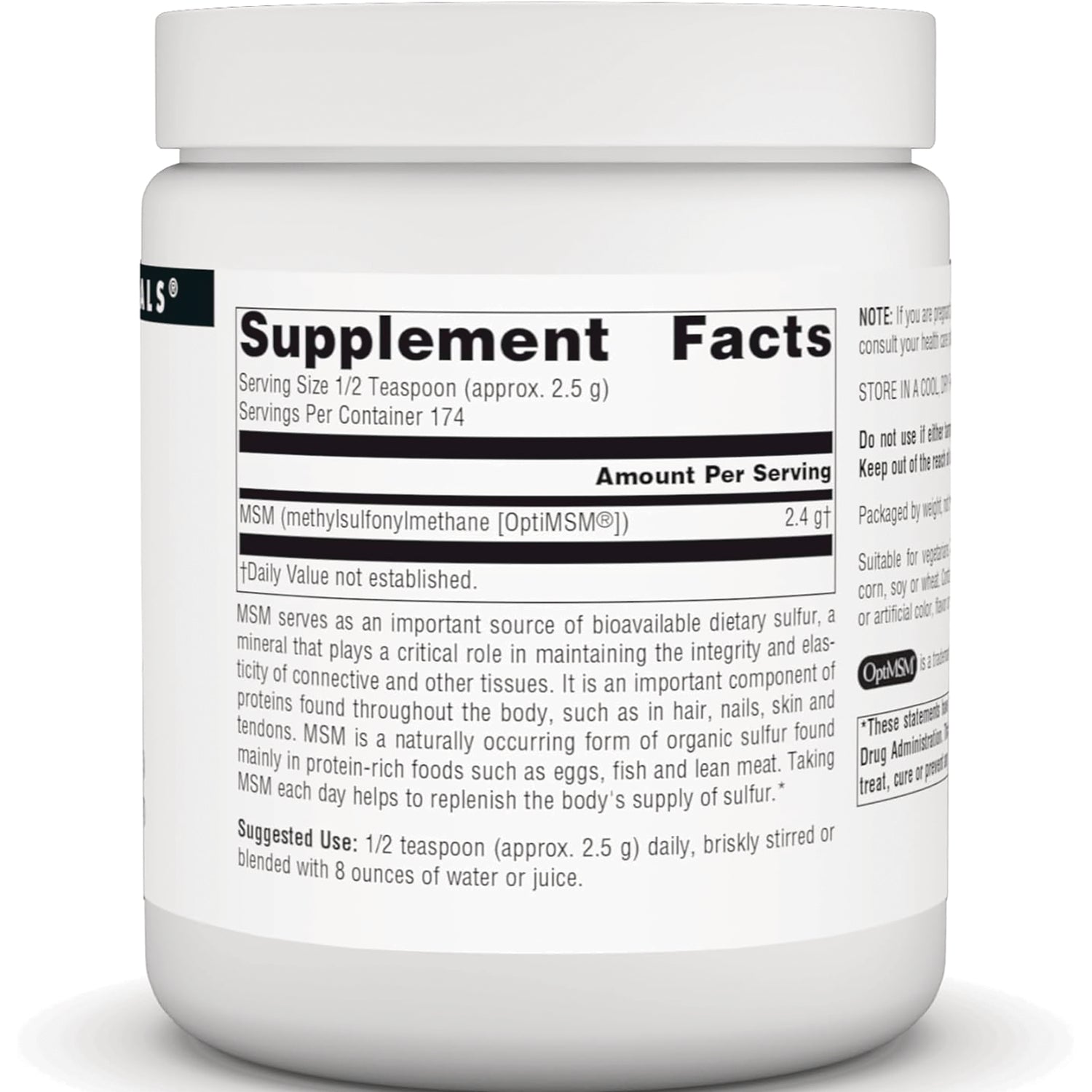 SN125 | back of white supplement jar showing Supplement Facts panel with MSM ingredient and suggested use